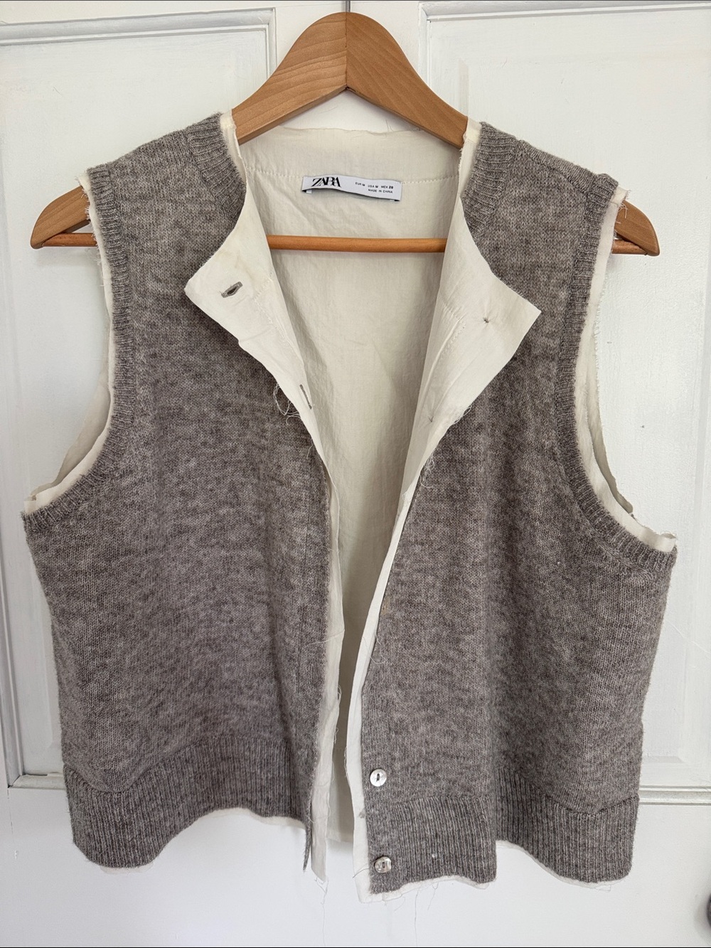 Zara Gray Knit Wool-Blend Cardigan Vest with Cream Lining